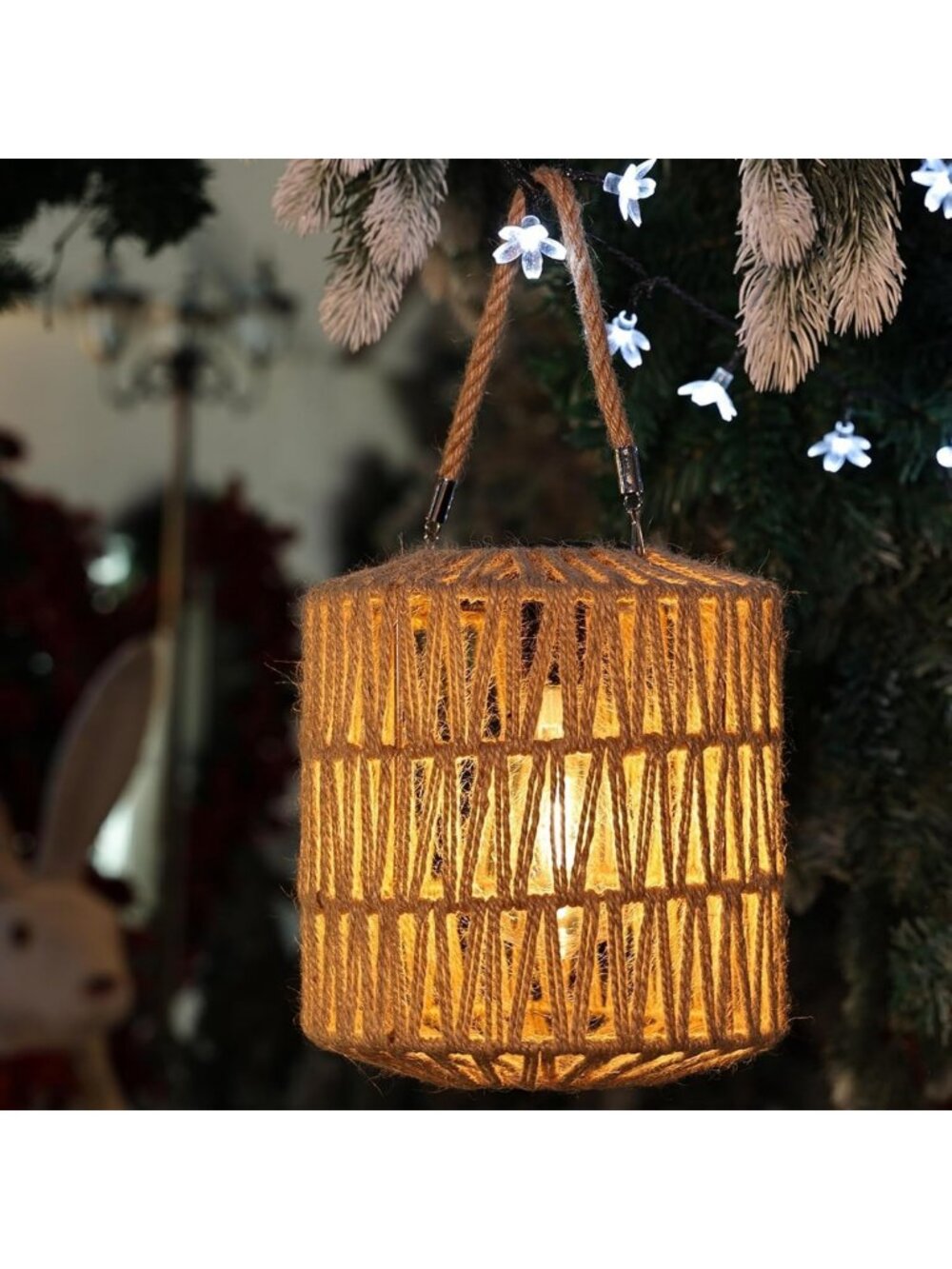Large Solar Rope Lantern - Handwoven Jute, Waterproof Edison Bulb, Outdoor